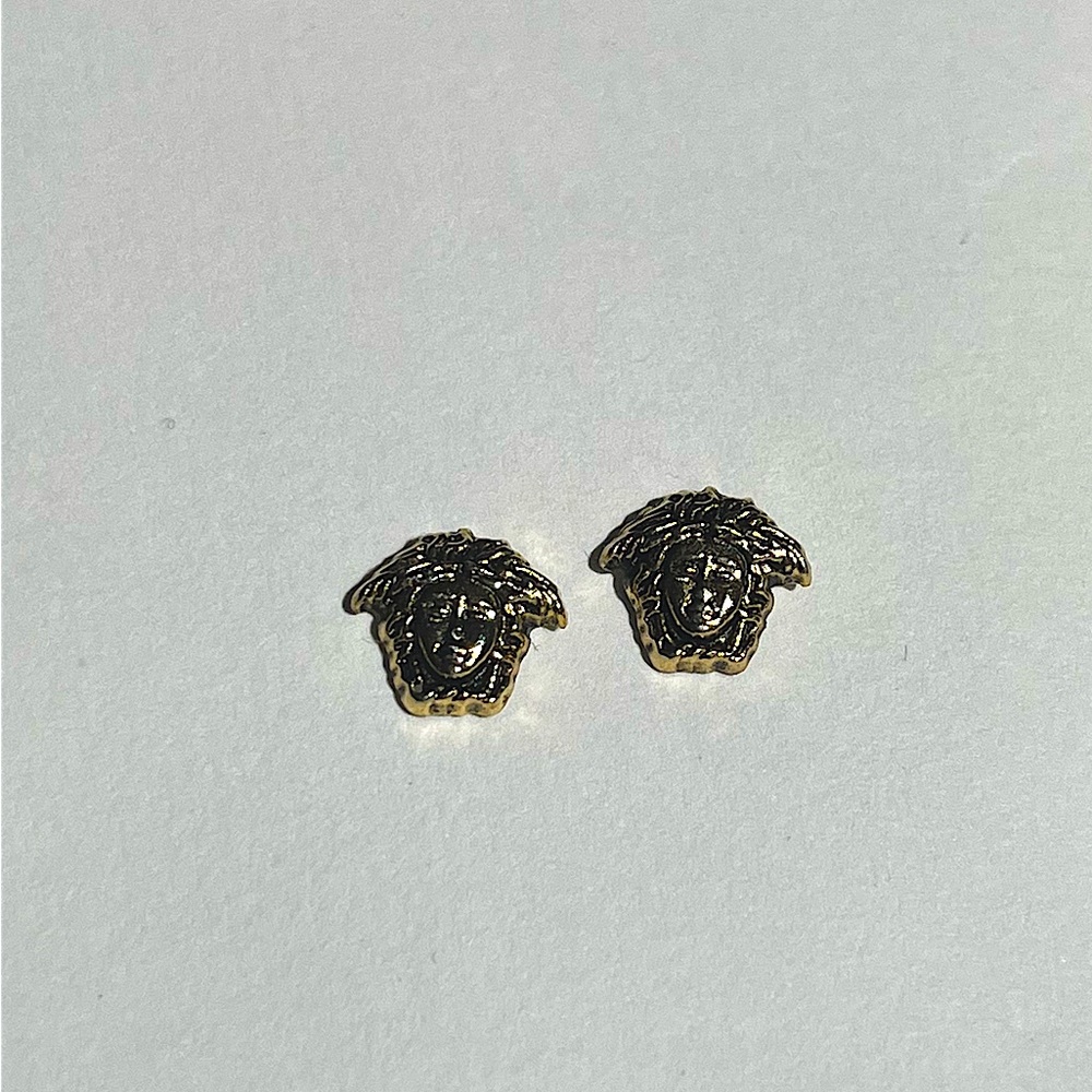 Gold Medusa Stud Earring with gun metal ring attachment, Up cycled Versace
